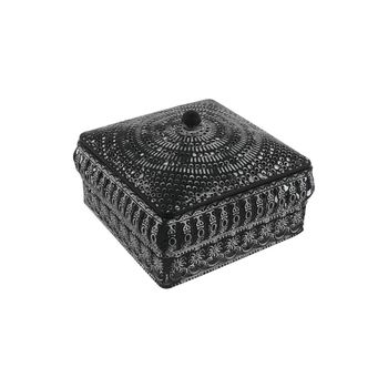 Caja Mumbai de Metal Cuadrada Negra con Detales Blancos Grande 11x11x7 cm