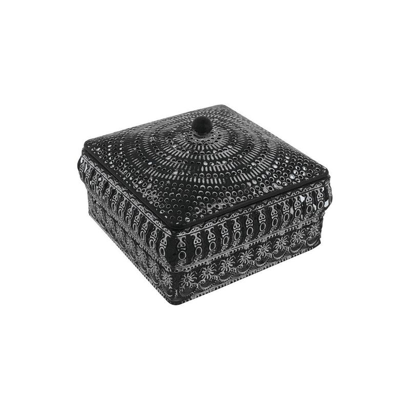 Caja-Mumbai-de-Metal-Cuadrada-Negra-con-Detales-Blancos-Grande-11x11x7-cm
