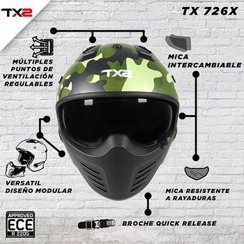 Casco Techx2 Modular Tx-726X Camuflaje Verde Mate C/ Lente Interno Sin Visera Talla: G Ecer22-05
